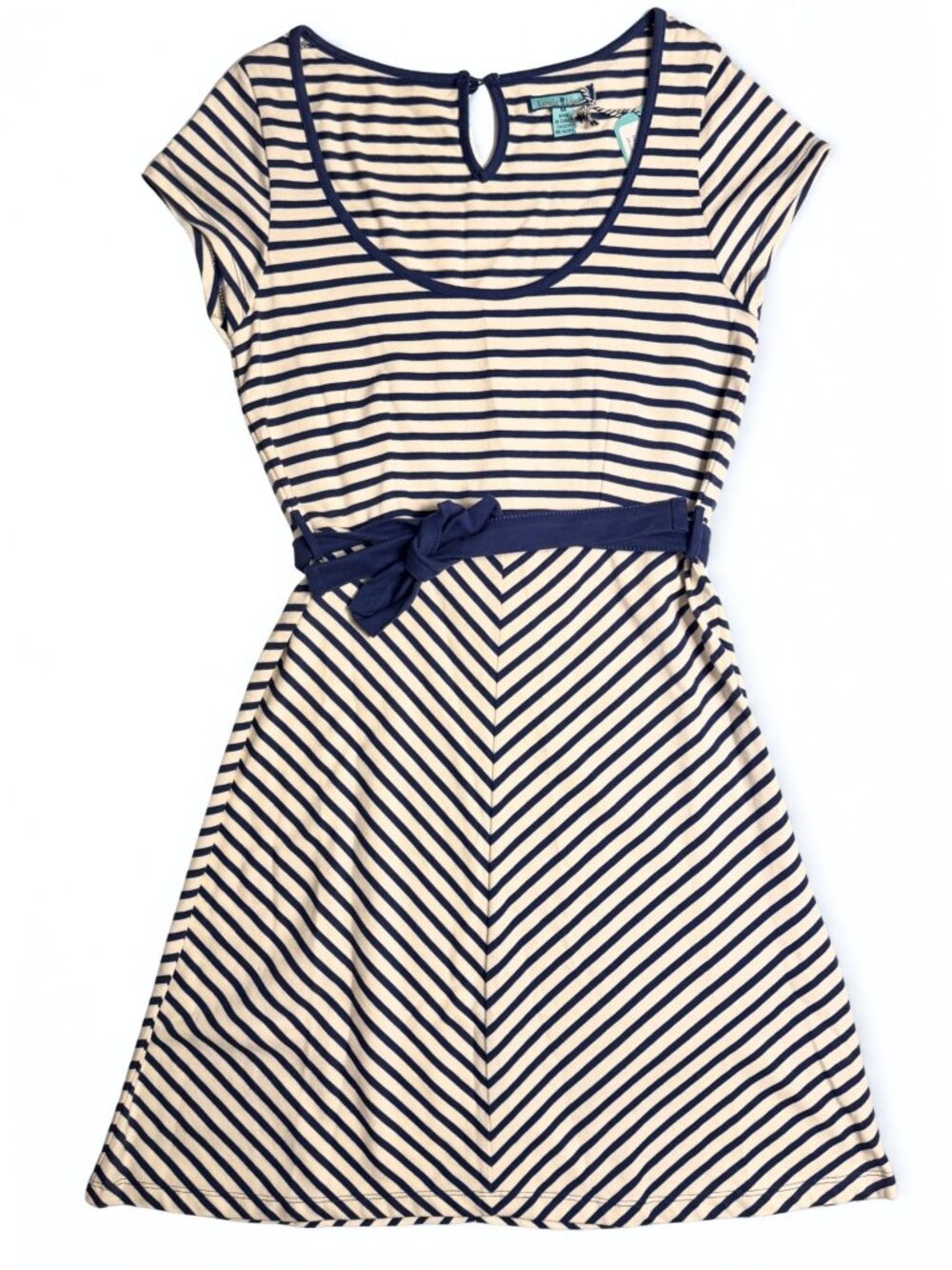 Louie Lucie Ella Dress M Navy Cream Breton Stripe Cotton Belted A-Line A4118670